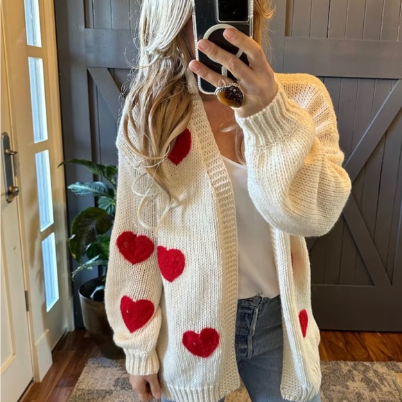 New Heart Embroidered Cardigan Sweater ~ Sweetest Oversized Knit Valentine's Day - Picture 2 of 9